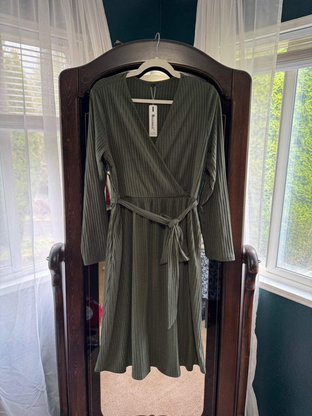 Ribbed Olive Wrap-Style Long Sleeve Midi Dress with Tie Waist